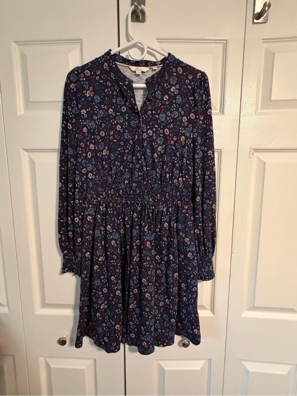 Boden Navy Floral Long-Sleeve Smocked-Waist Dress
